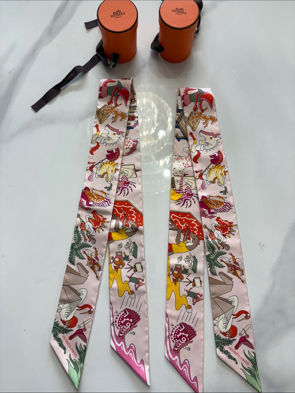 Hermes Pink Multicolor Printed Silk Twilly Scarf Pair